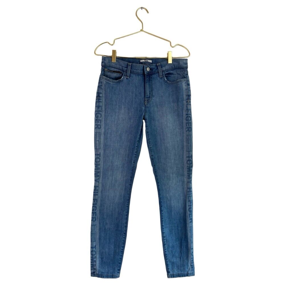 Tommy Hilfiger Jeans Skinny Leg Logo Print Denim Pants Blue Size 26 WP614